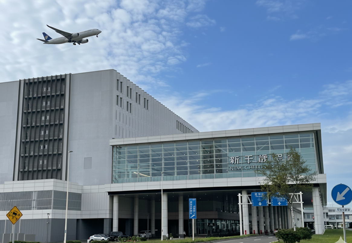 Image of the exterior of New Chitose Airport and a chauffeur transfer service